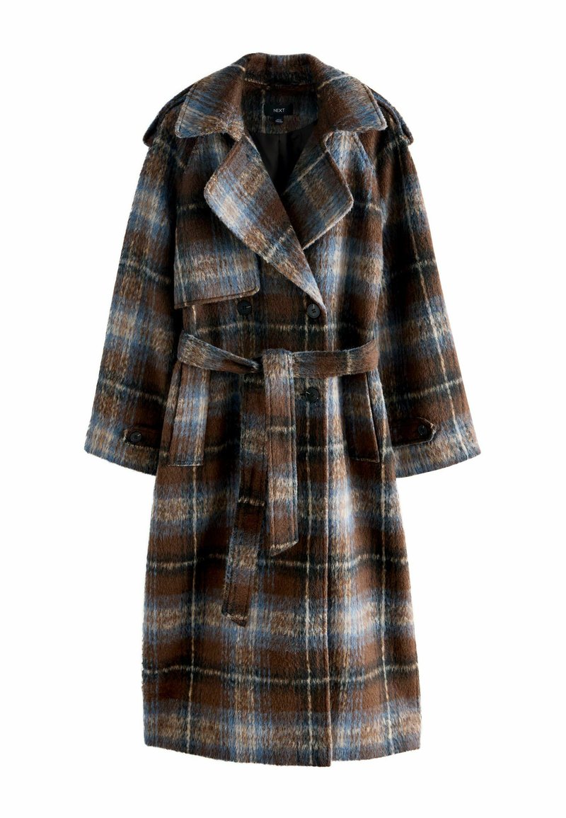 Brown and blue plaid trench coat, double-breasted with large lapels, long sleeves, belt at the waist, soft texture and substantial fabric.