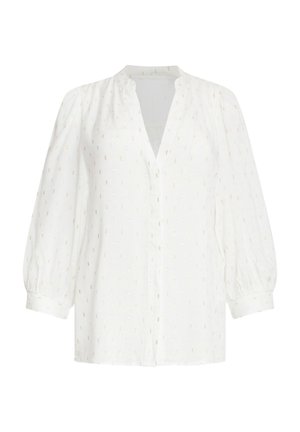 Witte blouse met een V-hals, knoopsluiting en lange pofmouwen. De stof heeft een subtiele textuurpatroon met kleine gouden accenten.