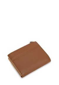 Brown leather wallet with a smooth texture, compact shape, featuring a zip closure and two exterior card slots on one side.