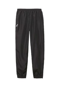 Pantaloni da jogging neri in tessuto leggero. Presentano una vita elastica, polsini e un piccolo logo bianco sulla gamba sinistra.