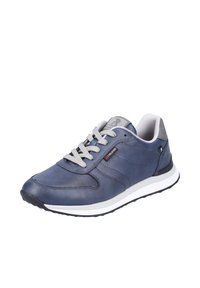 Herren Sneakers aus blauem Leder mit grauen Akzenten, runder Zehenform, grauen Schnürsenkeln, strukturierten Oberflächen, weißer Mittelsohle und schwarzem outsole.