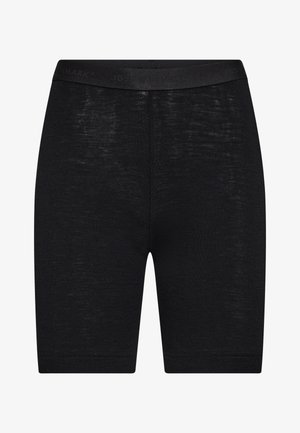 Sorte cykelshorts lavet af letvægtsstof, med en glat tekstur, elastisk talje og knælængde design.