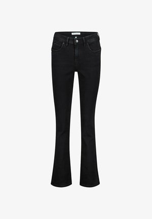 Zwarte denim flared jeans met een taille van halverwege, ontwerp met vijf zakken en knoopsluiting aan de voorkant, met een gladde textuur en klassieke stijl.