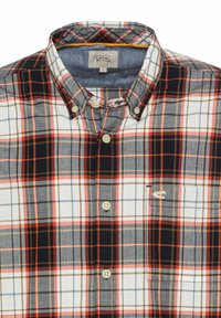 Plaid shirt in shades of gray, white, orange, and navy; button-down collar; chest pocket with logo; medium-weight fabric with a soft texture.