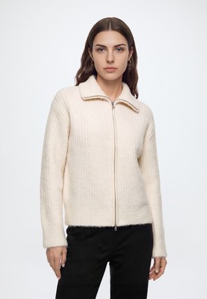 Femme aux longs cheveux bruns portant un pull crème zippé et un pantalon noir, debout devant un fond blanc uni.