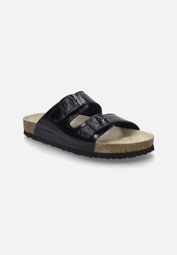 Zwarte gepatineerde slip-on sandalen met twee verstelbare banden, beige faux-suede binnenzool en kurken middenzool. Geprofileerde rubberen buitenzool voor grip.
