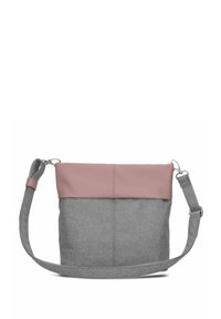 Borsa a tracolla in tessuto grigio con parte superiore in similpelle rosa chiaro. Tracolla regolabile, chiusura con zip e design minimalista.