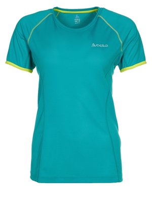 Turkis kortærmet sportsskjorte med gul kant på ærmer og krave, med Odlo-logo på brystet og indersiden af kraven.