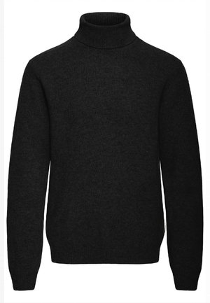 Pull noir à col roulé manches longues avec poignets et ourlet côtelés, en tissu tricoté doux.