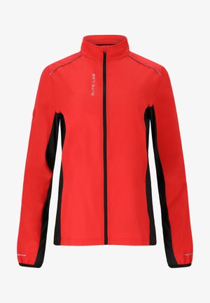 Rød og sort lynlåstrøje med høj krave, lange ærmer og teksten "ELITE LAB" på venstre bryst.