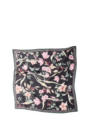 Sciarpa quadrata nera con motivi floreali rosa e crema e foglie verdi, con un sottile bordo a strisce verde e rosa.