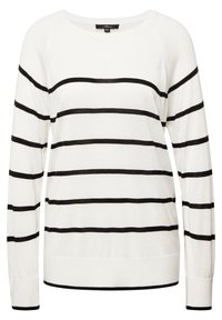 Maglione bianco con righe orizzontali nere. Presenta maniche lunghe, scollo rotondo e polsini e orlo a costine. Realizzato in un materiale morbido.