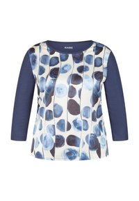 Blau-weiße Langarm-T-Shirt mit floralem Muster auf der Vorderseite und einfarbigen blauen Ärmeln. Weicher Stoff, Rundhalsausschnitt.