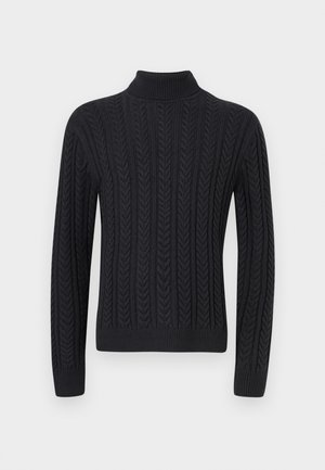 Pull en col roulé noir en maille présentant un motif texturé de tresses verticales, avec des poignets et un ourlet côtelés pour un ajustement confortable.