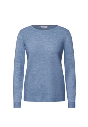 Pull bleu à manches longues en tricot texturé avec un col rond et des poignets côtelés, présentant des lignes horizontales subtiles sur l'ensemble.