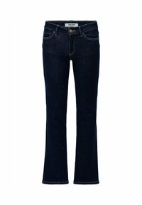 Jeans acampanados de color azul oscuro hechos de denim. Presentan un cierre de cremallera, botón de cierre, trabillas para el cinturón y bolsillos frontales con costuras en contraste.