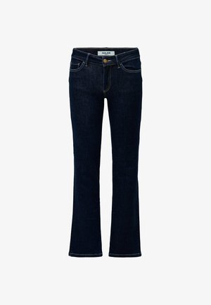 Donkerblauwe uitlopende spijkerbroeken van denim. Voorzien van een rits, knoopsluiting, riemlussen en voorzakken met contrasterende stiksels.