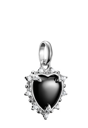 Silver heart-shaped pendant with a smooth black center stone, surrounded by small clear gemstones and a polished silver loop for a chain.