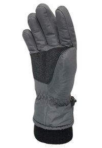 Grau isolierter Handschuh mit einer strukturierten schwarzen Griffauflage, elastischem Bund und einem gestrickten Handgelenk für Wärme und einen sicheren Sitz.