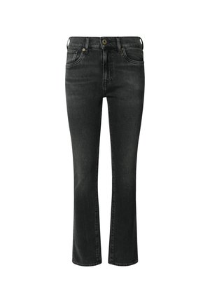 Jeans de mezclilla negra con un diseño de pierna recta, cinco bolsillos, cierre frontal con botón y un ligero desvanecimiento. Tejido lavable a máquina.