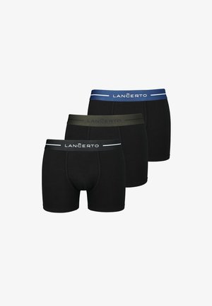 Czarne bokserki męskie z elastycznymi pasami w kolorze granatowym, zielonym i szarym. Gładki materiał, długość do połowy uda, prosty design.