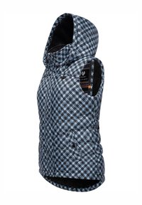 Ärmlös pufferväst i blå och svart houndstooth-mönster. Har en huva, strukturerad tyg och en dekorativ innerfoder.