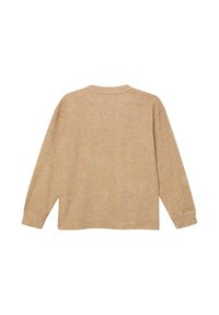 Koszula z długim rękawem w jasnobrązowym kolorze. Materiał to mieszanka bawełny o miękkiej fakturze. Posiada okrągły dekolt i luźny krój z ściągaczami przy mankietach.