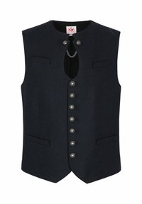 Marineblauer Wollweste mit sechs Metallknöpfen, einem Schlüsselöffnungsdesign und zwei Vorderjacken; zeichnet sich durch eine glatte Textur und eine taillierte Passform aus.