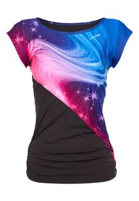 Short-sleeve top with a gradient galaxy pattern in blue, pink, and purple, paired with a black bottom panel. Smooth fabric, fitted design.
