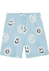 Světle modré bavlněné šortky s opakujícím se vzorem usměvavých tváří a symbolem míru v černé barvě, s páskem na stahování pro přizpůsobení.