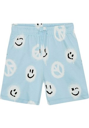 Lyseblå bomulds shorts med et gentaget mønster af smiley-ansigtter og fredstegn i sort, med en drawstring talje til justering.