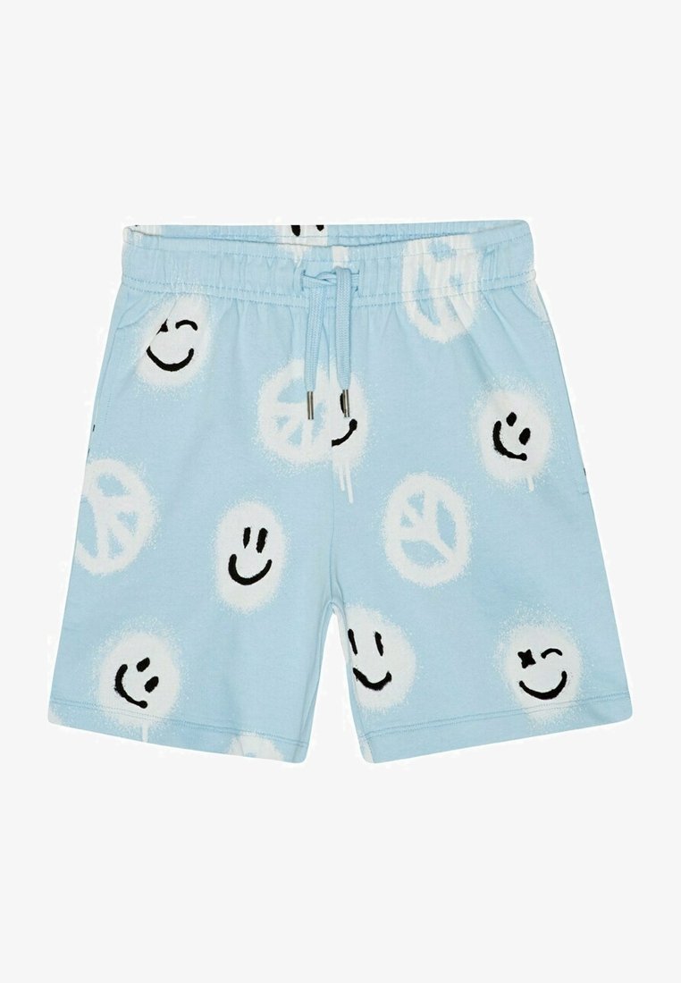 Světle modré bavlněné šortky s opakujícím se vzorem usměvavých tváří a symbolem míru v černé barvě, s páskem na stahování pro přizpůsobení.