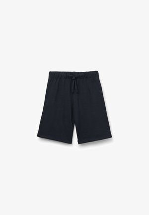 Marineblaue Baumwollshorts mit einem elastischen Bund und Kordelzug. Merkmale sind umgeschlagene Säume und eine glatte Textur. Geeignet für die Freizeit.