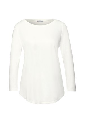Weißes Langarm-T-Shirt aus weichem Stoff, mit Rundhalsausschnitt und lockerer Passform, das einen leicht abgerundeten Saum hat.
