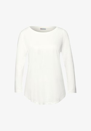 Weißes Langarm-T-Shirt aus weichem Stoff, mit Rundhalsausschnitt und lockerer Passform, das einen leicht abgerundeten Saum hat.