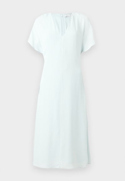 Φόρεμα midi γαλάζιο με κοντά μανίκια, V-λαιμόκοψη και φερμουάρ στο πίσω μέρος, με άνετη, ριχτή εφαρμογή.