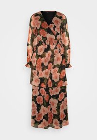 Schwarzes, durchscheinendes Blumenkleid mit langen Ärmeln, das ein rosa Rosenmuster, einen V-Ausschnitt, eine geraffte Taille und Rüschenmanschetten hat.