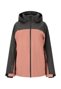 Wasserdichte Jacke mit einem grauen und rosa Farbblockdesign. Verfügt über eine Kapuze, einen Reißverschluss vorne und verstellbare Bündchen. Hergestellt aus einem glatten, strapazierfähigen Material.