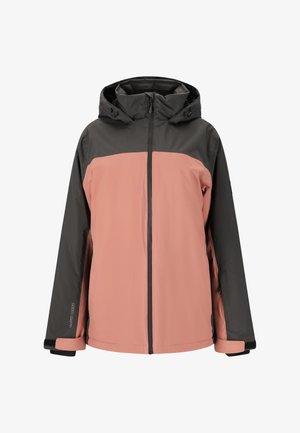 Wasserdichte Jacke mit einem grauen und rosa Farbblockdesign. Verfügt über eine Kapuze, einen Reißverschluss vorne und verstellbare Bündchen. Hergestellt aus einem glatten, strapazierfähigen Material.