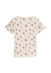 Kurzes, blumengemustertes T-Shirt in Creme, aus weichem Stoff mit lebhaften lila, pink und gelben Blumenmustern.