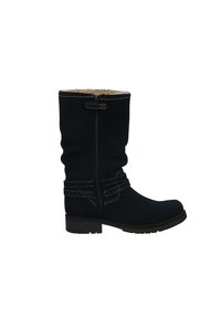 Botas de ante azul oscuro hasta la rodilla con cremallera, forro de piel sintética y acentos de costura en arcoíris en las correas alrededor de la caña.