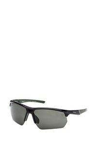 Occhiali da sole sportivi con montatura nera, dettagli verdi e lenti scure. Presentano un design geometrico e templi curvi per una vestibilità sicura.