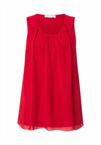 Top rosso senza maniche realizzato in tessuto leggero, con scollatura rotonda e dettagli arricciati lungo il busto per un tocco di texture in più.