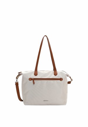 Cream tote bag with brown leather handles and detachable shoulder strap, front zip pocket, and silver brand logo on white background.