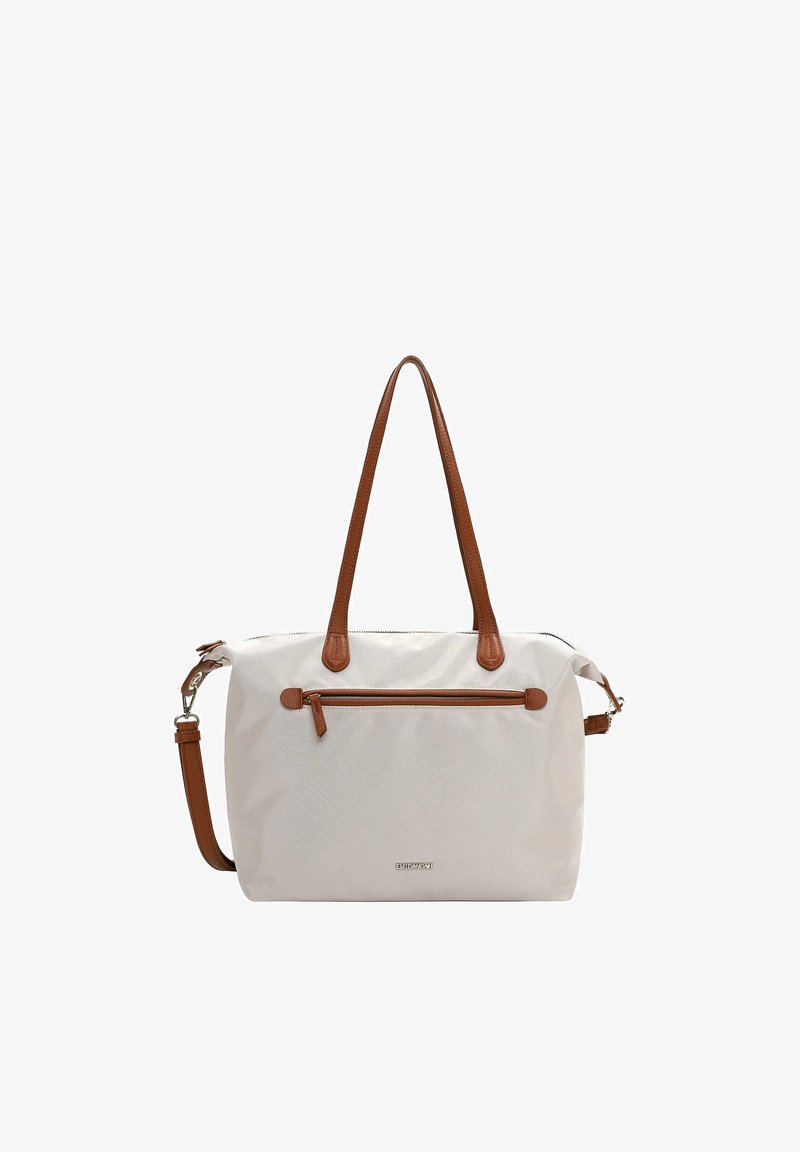 Sac fourre-tout crème avec poignées en cuir marron et bandoulière amovible, poche avant zippée, et logo de la marque en argent sur fond blanc.