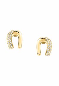 Orecchini dorati a forma di ferro di cavallo, decorati con cristalli trasparenti su un lato, con una finitura liscia e lucida.