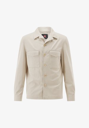 Beiges langärmliges Hemd mit Knopfleiste, spitzem Kragen und zwei aufgesetzten Brusttaschen aus strukturiertem Stoff.