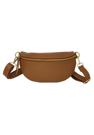 Sac en cuir brun à bandoulière avec une forme arrondie et une fermeture éclair dorée. Il dispose d'une sangle ajustable avec une texture tissée.