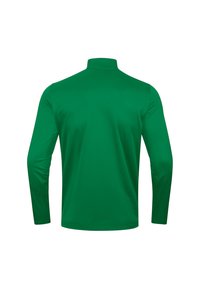 Groene polo met lange mouwen en staande kraag, gemaakt van gladde, lichte stof. Heeft een schone achterkant zonder versieringen.