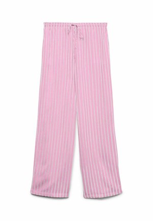 Pantaloni largi cu dungi verticale roz și albe, cu talie elastică și șnur de strângere.